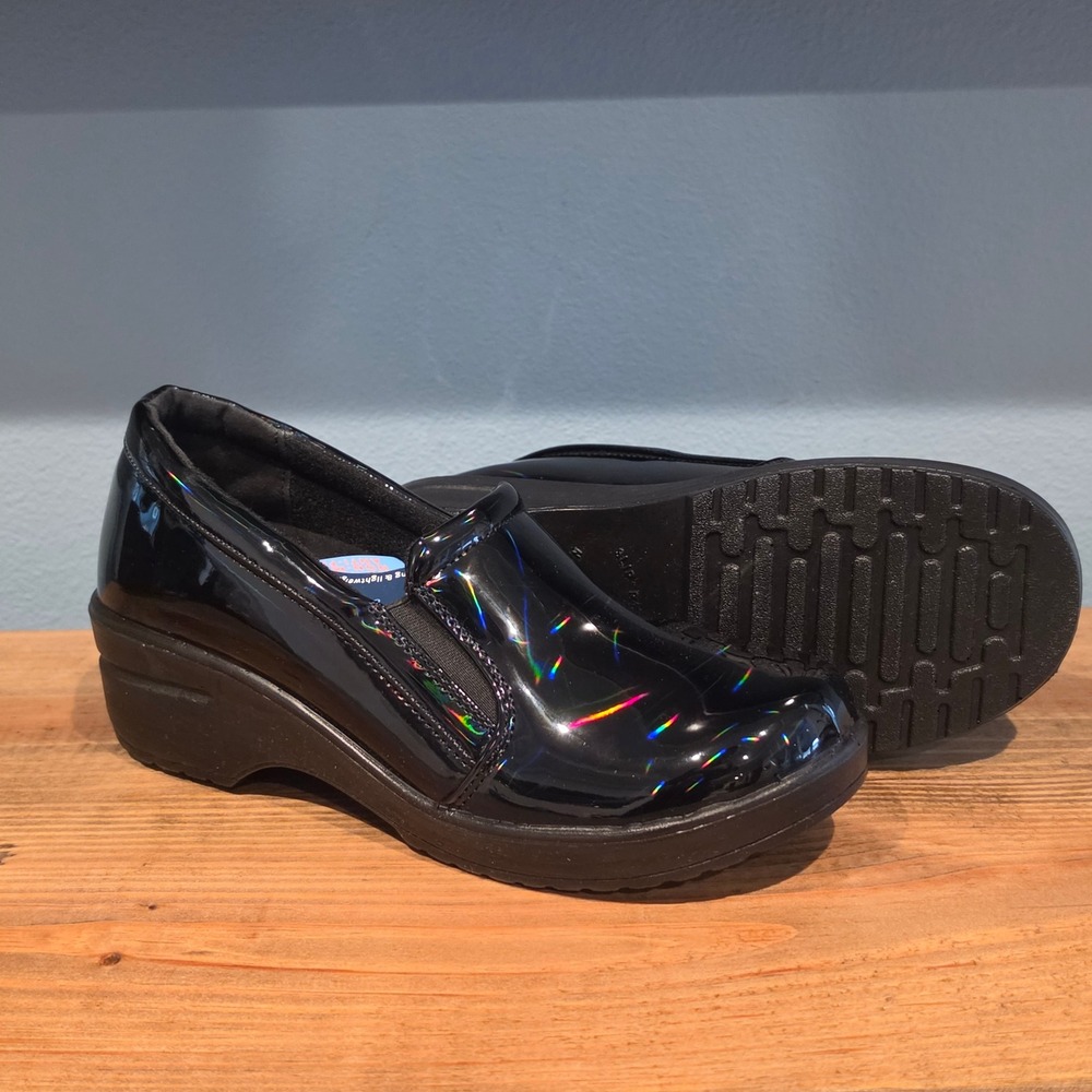 Easy Works Women Leeza Clog Black‎ Holographic Slip Resistant Work Shoe 9.5